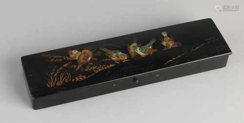 Antique Japanese lacquer pencil box with sparrows decor. Approximately 1920. Size: 3 x 23.5 x 6.5