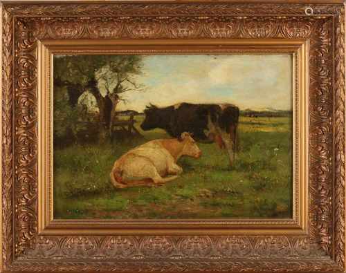 H. van Ingen. 1833 - 1898. Two cows on pasture. Oil paint on panel. Size: 28 x H, B 32 cm. In good