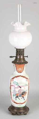 19th Century Japanese Imari porcelain kerosene lamp with floral / decor gold and bronze feet.