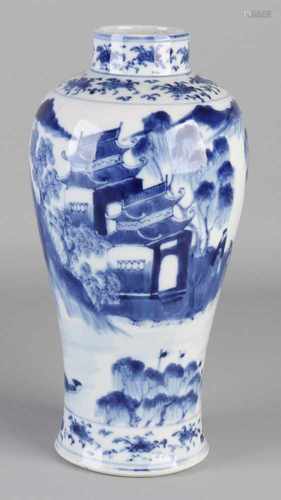 Antique Chinese porcelain vase with scenery, pagodas and figures decor. 18th - 19th Century. Four