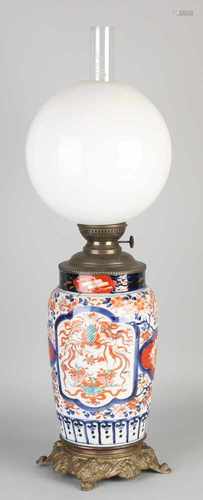 19th Century Japanese Imari porcelain kerosene lamp with figures in landscape / floral decor.