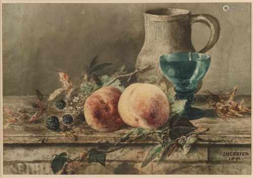 J.H. Coster. Almelo. 1846 - 1920. Still life with fruit jar and Roemer. Watercolor on paper. Size: