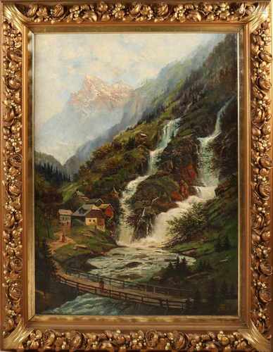 Monogram S. O. around 1800. German school with Austrian mountain landscape with waterfall, houses