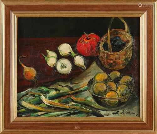 Antoon Kruysen. 1898 - 1977. Still with vegetables and basket. Oil on linen. Size: 38 x H, B 46