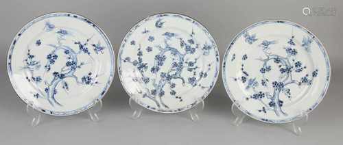 Three 18th century Chinese porcelain plates with blossom tree decor. One sign hairline. One board