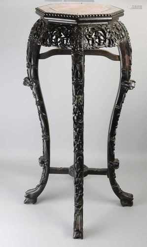 High antique Chinese wood stabbed six-sided stool with marble top and floral decor. Dimensions: 92