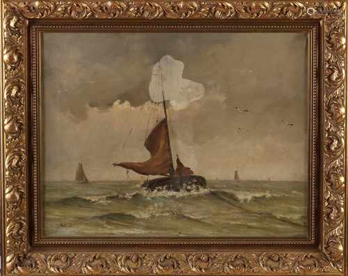 H. Bode. Dutch School. Circa 1900. Ship on sea. Oil on linen. Size: 40 x H, B 50 cm. In good