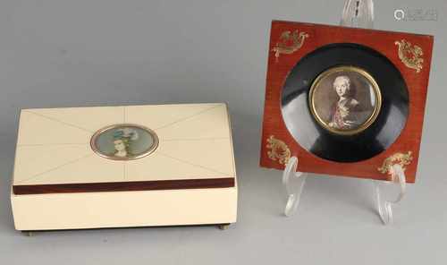 Two miniature paintings. 20th century. Consisting of: Box with musical with locket in cover.