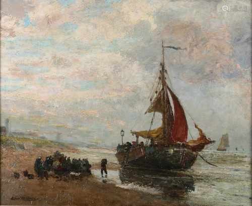 Carl Eugen Mulertt. 1869 - 1963. Fishing boat with fishermen on Katwijk beach. Oil on linen. Size: