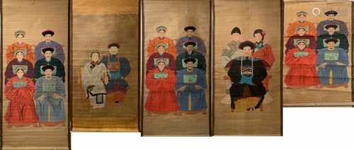 Five ancient Chinese ancestor portraits painted. First half 20th century. Size: 101-216 cm. In