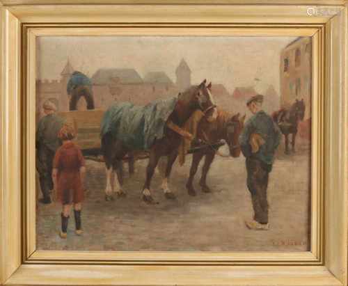 D.C.R. Heeck. Approximately 1930. Horse carts with figures on the marketplace. Size: 40 x H, B 50