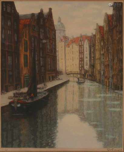 Jos Francois. Amsterdam canal. Circa 1920. Color lithograph on paper. Size: 57 x H, B 46 cm. In good