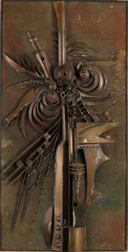 Industrial copper relief of sculptor Willem Hopman. 1939 - Alkmaar. Size: 80 x 41 x 6 cm. In good