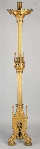 Large 19th century Neo Gothic gilt brass candle candlestick. Size: H 90 cm. In good condition.