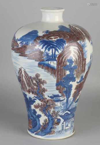 Large Chinese porcelain vase with landscape scenery. Baluster-shaped. With bottom mark. Size: H Ø 37