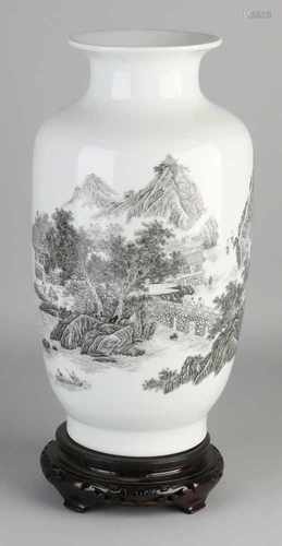 Large Chinese porcelain vase with landscape scenery + text. Bottom Brand. Wood stabbed console.