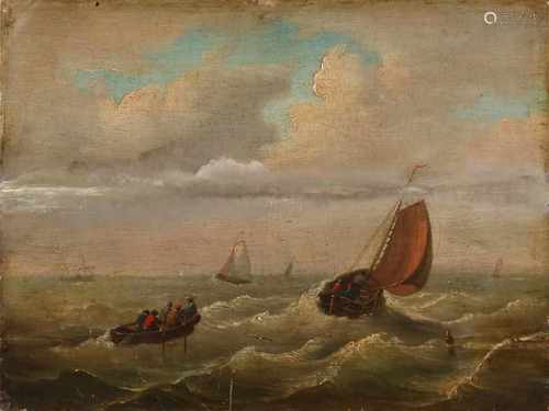 Unsigned. 19th century. Boats on the high seas with Figs. Panel was in half. Size: 29 x H, B 39