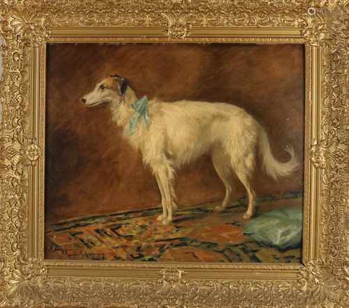 Unclear signed. German School. Circa 1920. Greyhound on Persian rug. Oil paint on panel. Size: 50