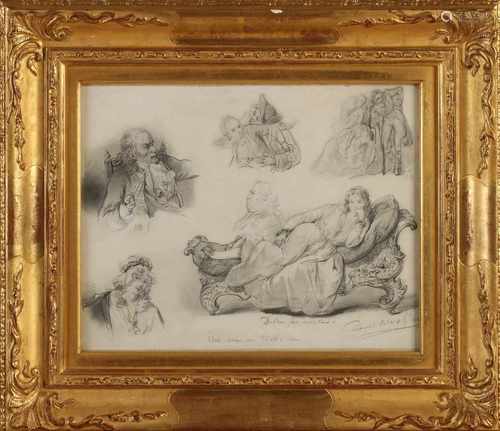 David J. Bles. 1821 - 1899. Figures study in pencil, 1846. In gold leaf frame. Drawing on paper.