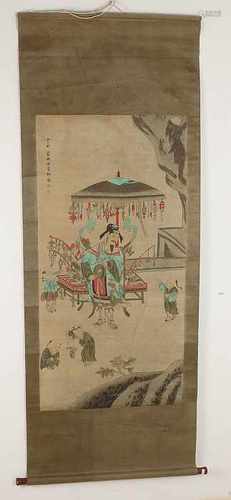 Old / antique Chinese rolschilderij. Signed. Imperial figure with children. Aquatint on paper.