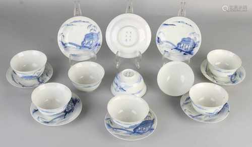 Eight Chinese eggshell porcelain cups and saucers. Six signs bottom mark, coastal town with bridge