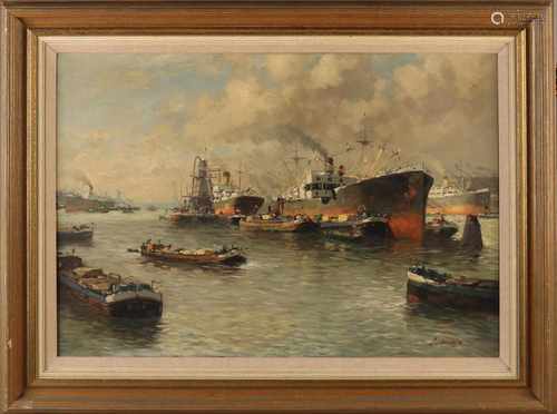 Jan van Delden ca 1930 Rotterdam harbor scene with cargo ships, oil on canvas 50x70 cm in good