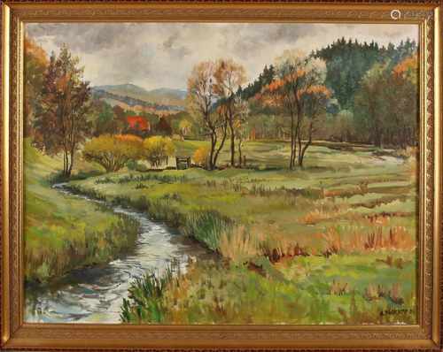 H. Paskamp. 1981. German landscape with meandering stream. Lichtenau. Oil on linen. Dimensions: H 50