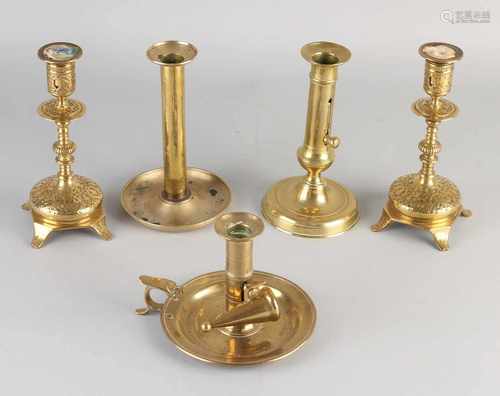 Five antique brass candle candlesticks / sconces. Size: 18-20 cm. In good condition.