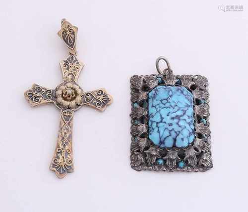 Two hangers, a white metal hanger, rectangular shape with round flower decor and turquoise beads and