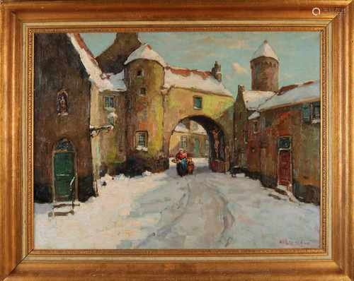 J. van Leeuwen Oudewater. 1890 - 1972. Stadspoort with figures in the snow. Oil on linen. Size: 60 x