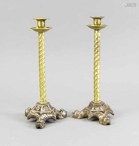 Two antique Neo-Gothic bronze candle candlesticks with dolphin heads. Circa 1900. One bobeche