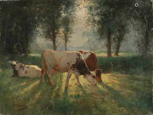 H. Bleeker. 19th century. Cows in sunlight. Oil on linen. Size: 48 x H, B 46 cm. In good condition.