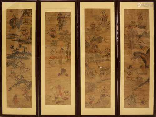 Four Chinese watercolors on paper. Approximately 1900. Figures performances with gods, et cetera.