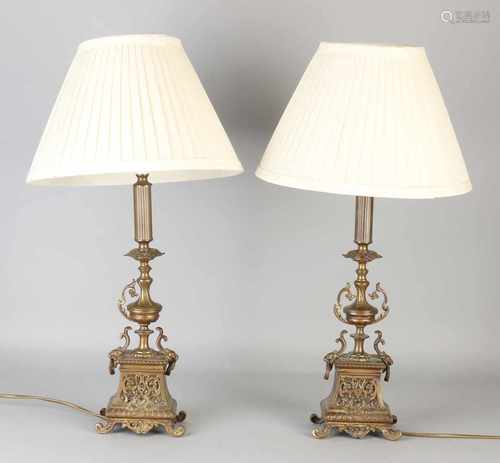 Two antique bronze historicism table lamps. Later electrified. Circa 1900. Dimensions: H 56 x Ø 30