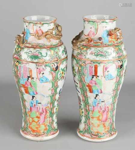 Two 18th - 19th century large Chinese Canton Family Rose vases with figures. One chip. Size: 27 x 12