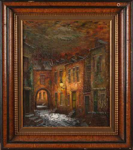 J. Fair. German School. Cityscape with lantern at night. Oil on linen. Size: B H 50 x 40 cm. In good