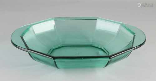 30-Year Dutch Leerdam green pressed glass bowl. Design K.P.C. Basel. One chip. Size: 35 x 6 x 25 cm.