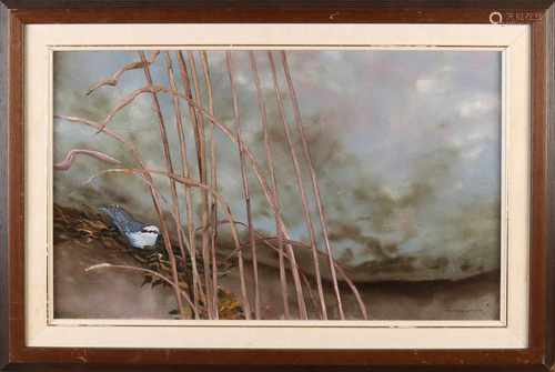 Geoffrey Keast, 1997 English School. Nesting bird. Title: Rock Stage. Oil paint on panel. Size: 40 x