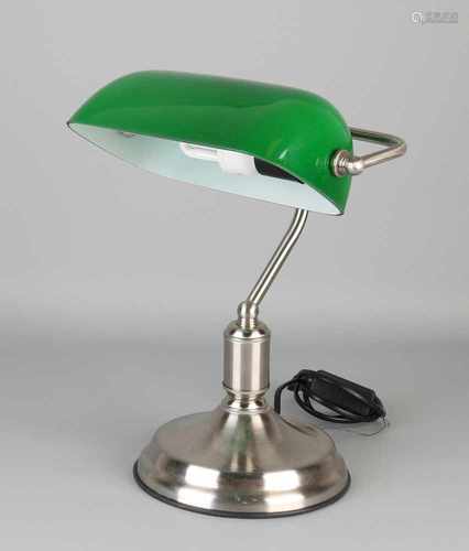 Design metal desk lamp with green glass cap. 21st century. Size: 37 x 25 x 16 cm. In good