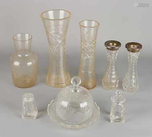 Eight times old / antique crystal. Consisting of three vases, one bell, two vases with silver rim,