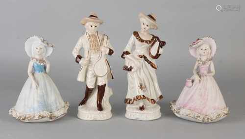 Four porcelain figures. 20th century. Twice bisquit porcelain women, one arm glued. Lady + gentleman