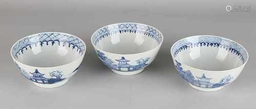 Three antique Chinese porcelain bowls with coastal resort decor and pagodas. Circa 1800. All