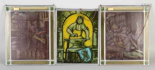 Three stained glass leaded windows. Figures performance. 20th century. Dimensions: H 29 x W 24 cm.