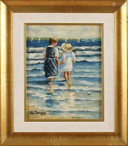 G. Young. 21st century. Two children in the surf. Oil on linen. Size: 25 x H B 20 cm. In good