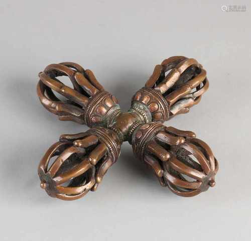 19th Century Tibetan bronze ritual Vajra. Buddhism / Hinduism. Size: 17.5 x 17 x 4.5 cm. In good