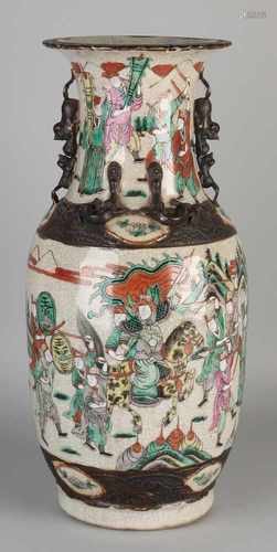 Large antique Chinese porcelain vase with Cantonese warrior decor + bottom mark. One chip upper