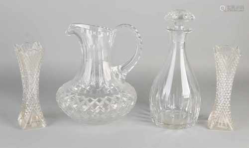 Four parts antique crystal. Consisting of: Two fan crystal vases. Large jug. Decanter stopper. Size: