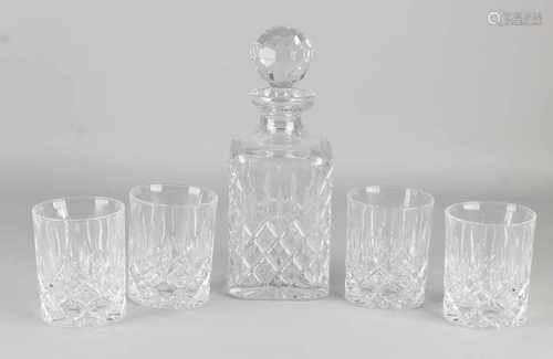 Five-piece crystal glass whiskey set. Faceted. 21st century. Size: H 10-27 cm. In good condition.