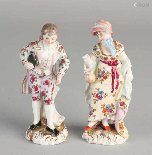 Two 19th century German porcelain figures. Noticed. Possible Plauen or Sitzendorf. Lady + Mr.