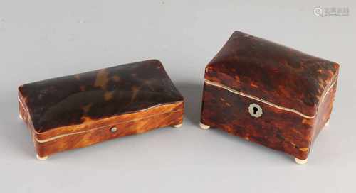 Two 19th century tortoiseshell lid boxes. One time spoon box. One times tea box (crack in the